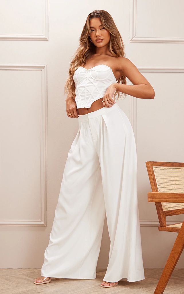 White Split Extreme Wide Leg High Waisted Trousers, White