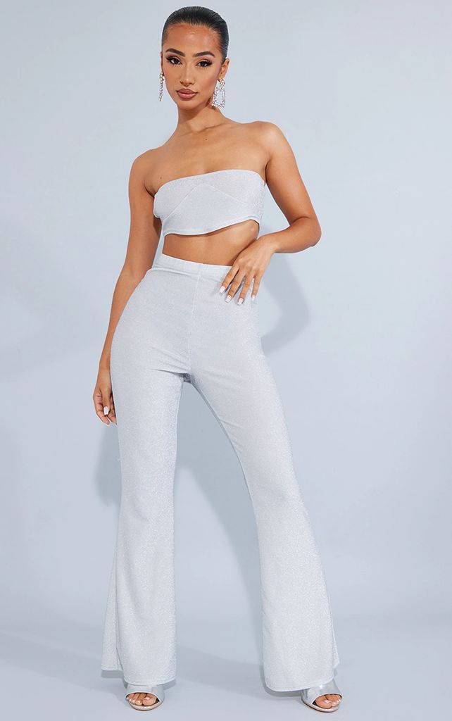 Petite Silver Glitter High Waisted Flares