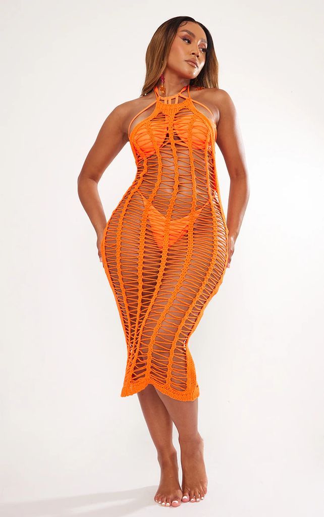 Shape Orange Knit Ladder Backless Halterneck Midi Dress, Orange