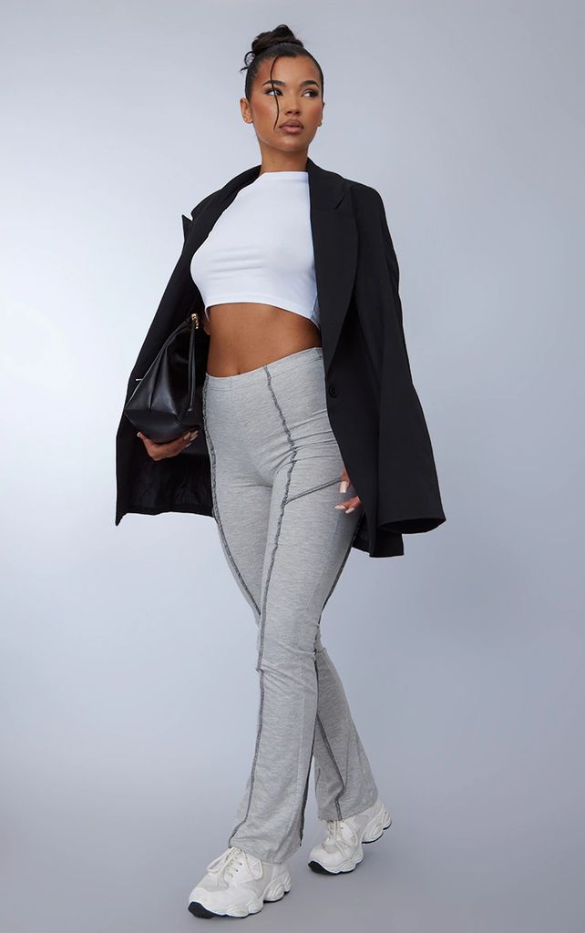 Grey Marl Cotton Elastane Contrast Stitch Flared Trousers