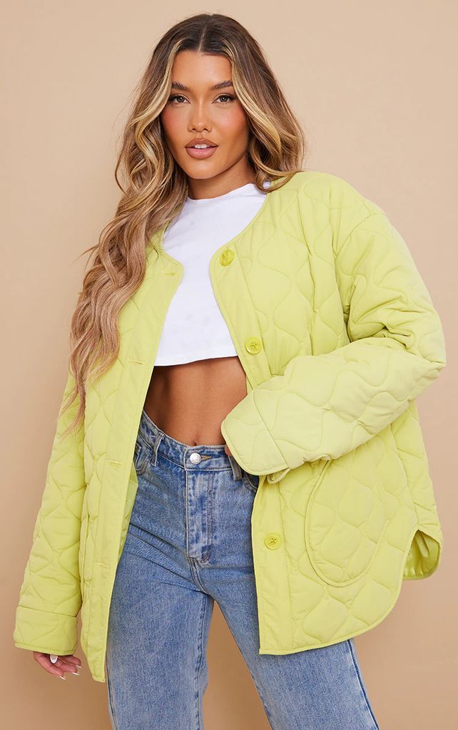 Lime Wave Quilted Collarless Jacket