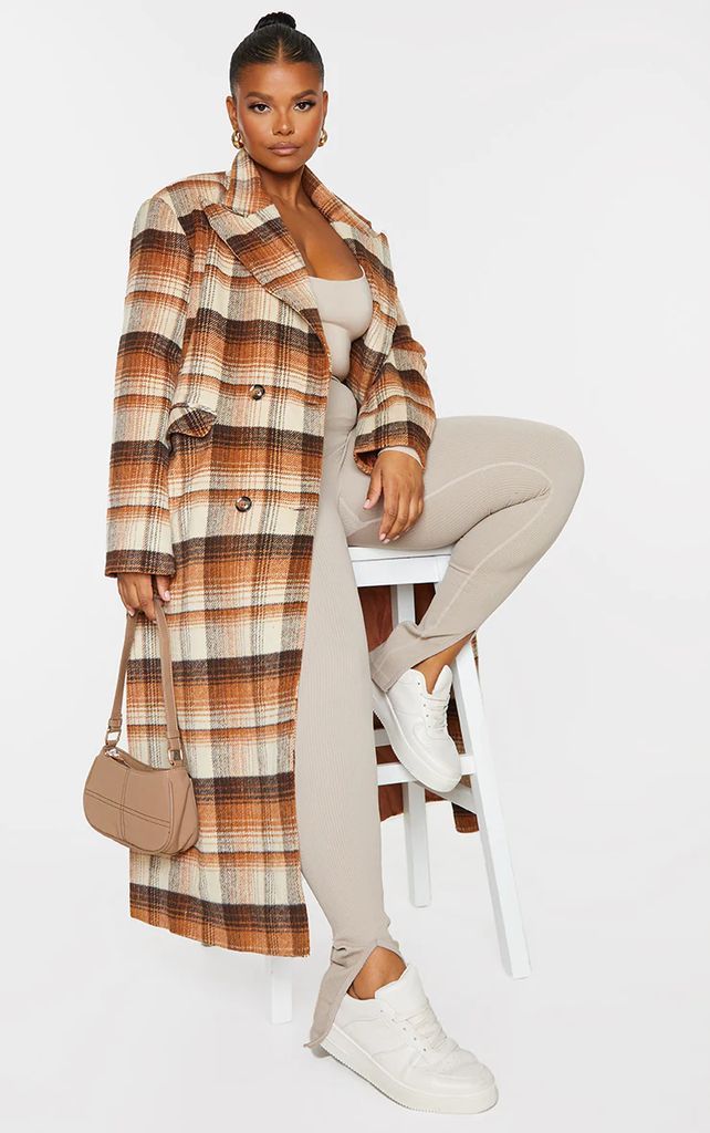 Plus Brown Check Wool Oversized Duster Coat