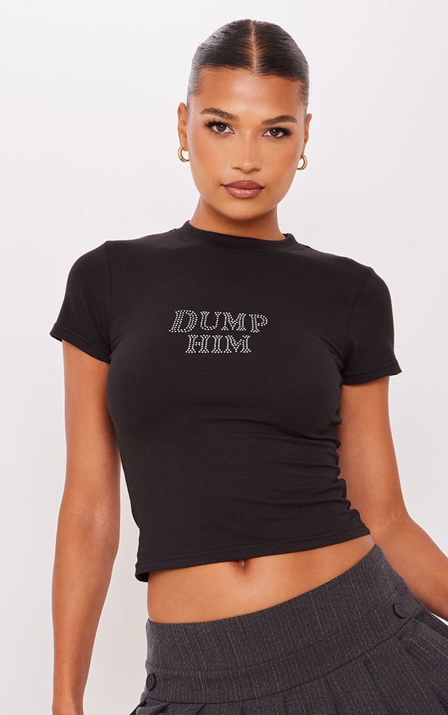 Black Dump Him Diamante Long Fitted T Shirt, Black