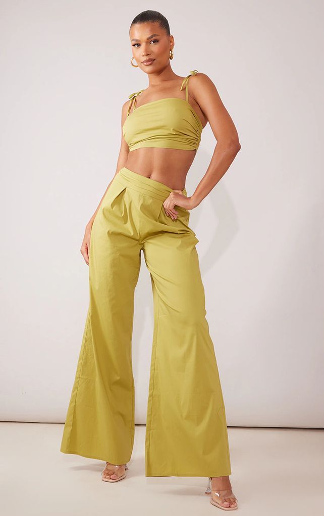 Olive Pleated Waistband Extreme Wide Leg Trousers, Green