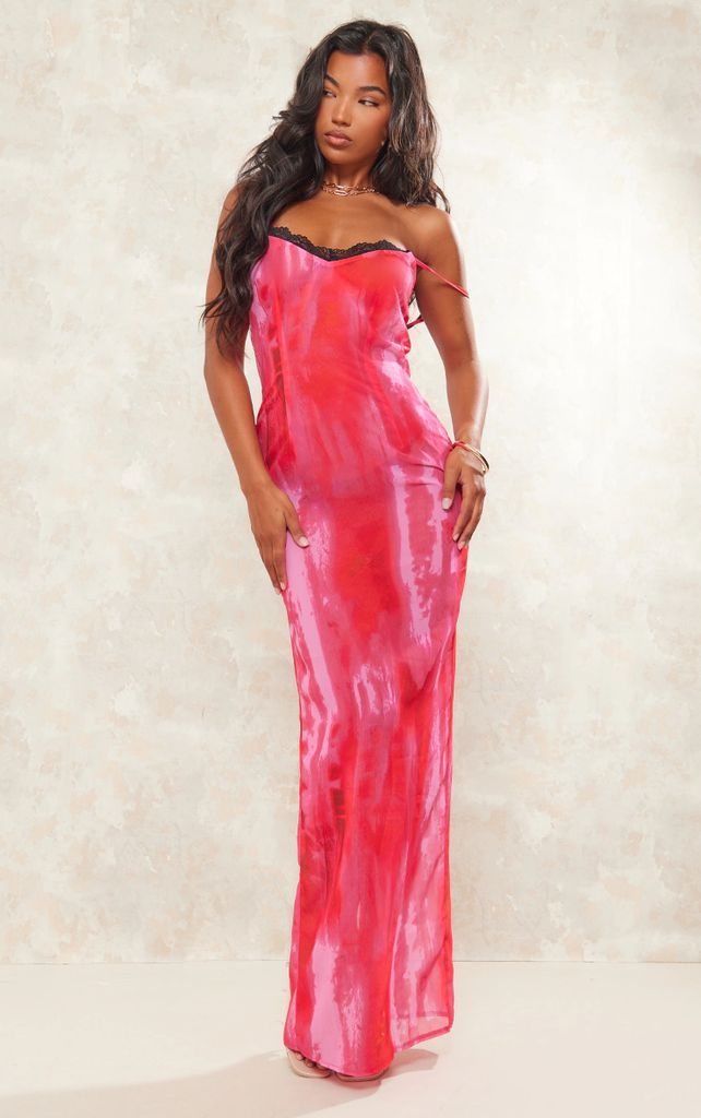 Pink Abstract Print Chiffon Lace Trim Strappy Maxi Dress, Pink