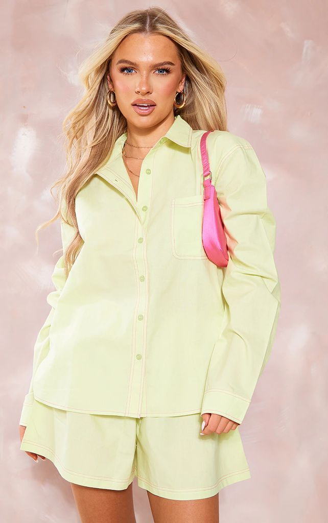 Pale Lime Cotton Contrast Stitch Oversized Button Up Shirt, Pale Lime