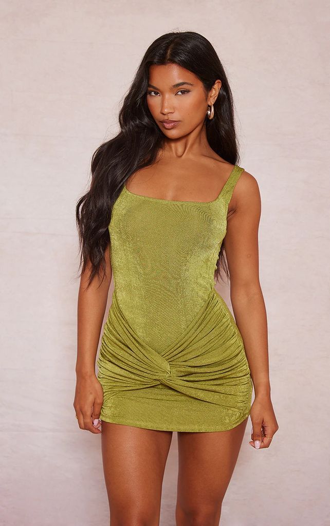 Olive Acetate Slinky Knot Twist Square Neck Bodycon Dress, Green