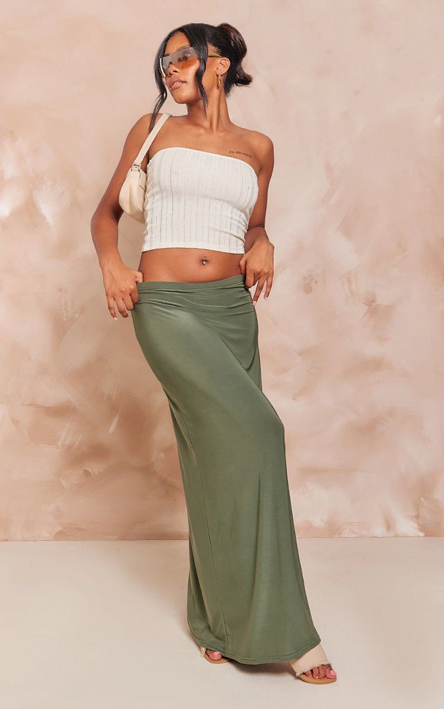 Khaki Soft Touch Low Rise Drapy Maxi Skirt, Green