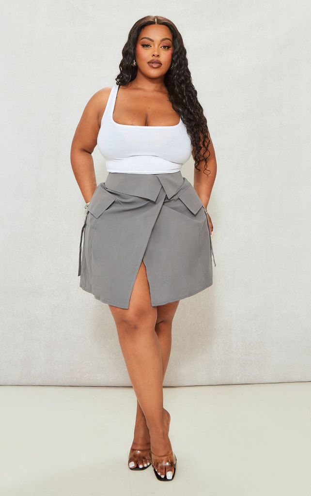 Plus Grey Fold Over Detail Mini Skirt, Grey