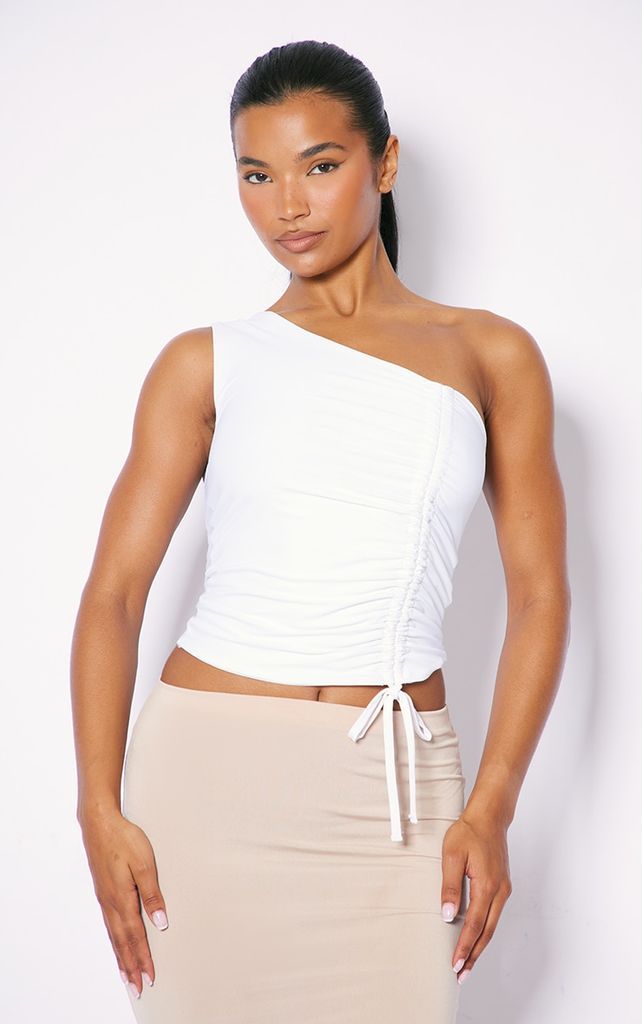 White Slinky Ruched One Sleeve Crop Top, White