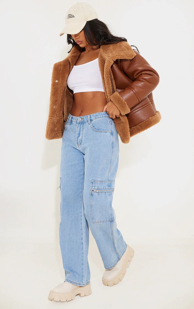 Brown Faux Fur Lined Faux Leather Buckled Aviator Jacket