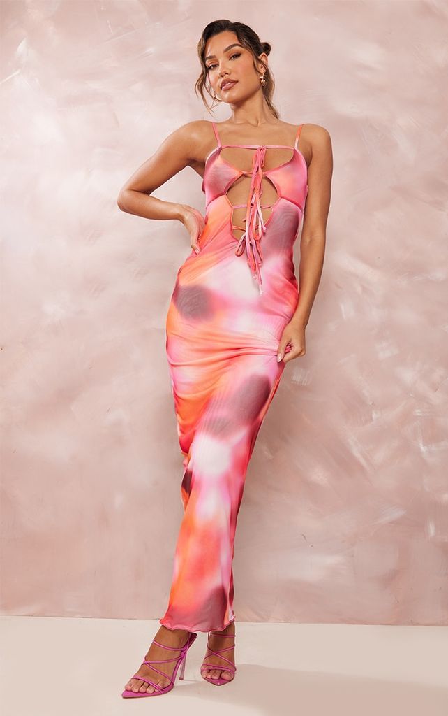 Pink Abstract Print Tie Detail Mesh Maxi Dress, Pink