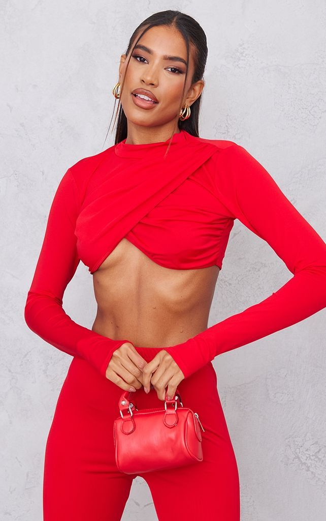 Red Disco Sculpt Ruched Wrap Over High Neck Top