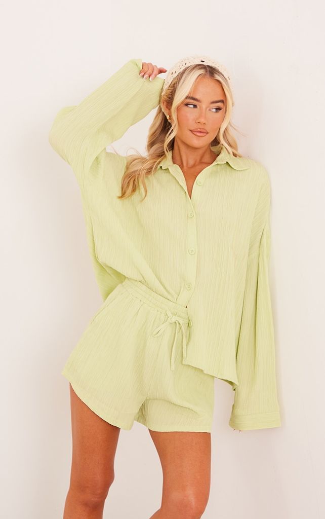 Pale Lime Textured Oversized Long Sleeve Boxy Shirt, Pale Lime