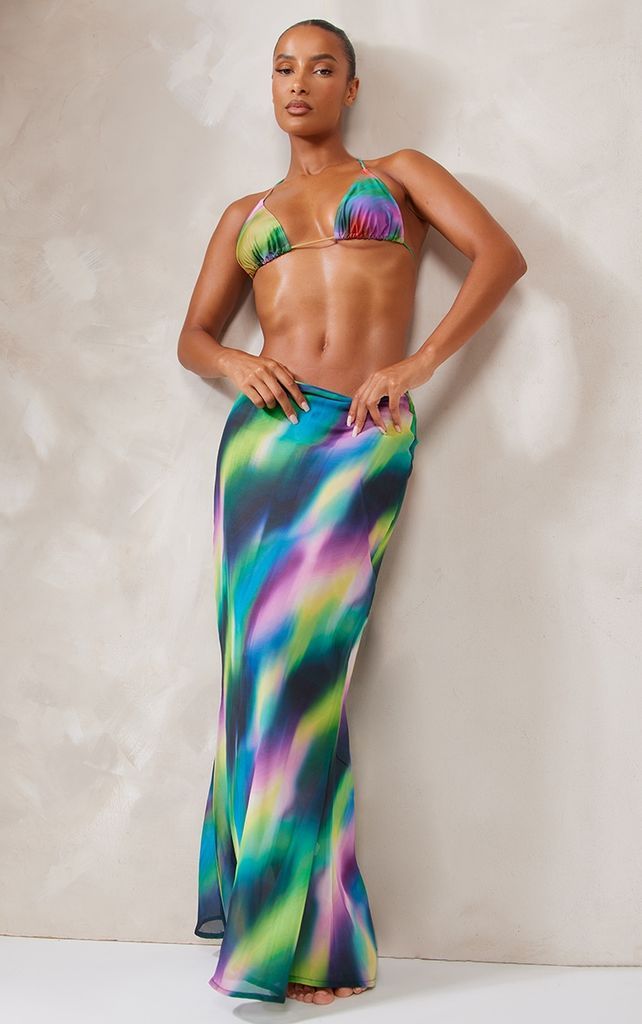 Purple Abstract Print Chiffon Fishtail Maxi Beach Skirt, Purple
