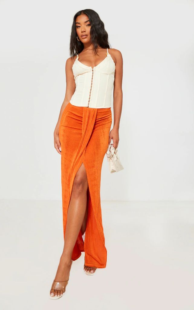 Bright Orange Acetate Slinky Drape Front Maxi Skirt, Bright Orange
