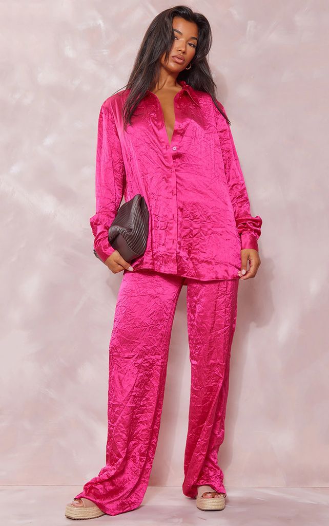 Hot Pink Crinkle Textured Satin Floaty Wide Leg Trousers, Hot Pink