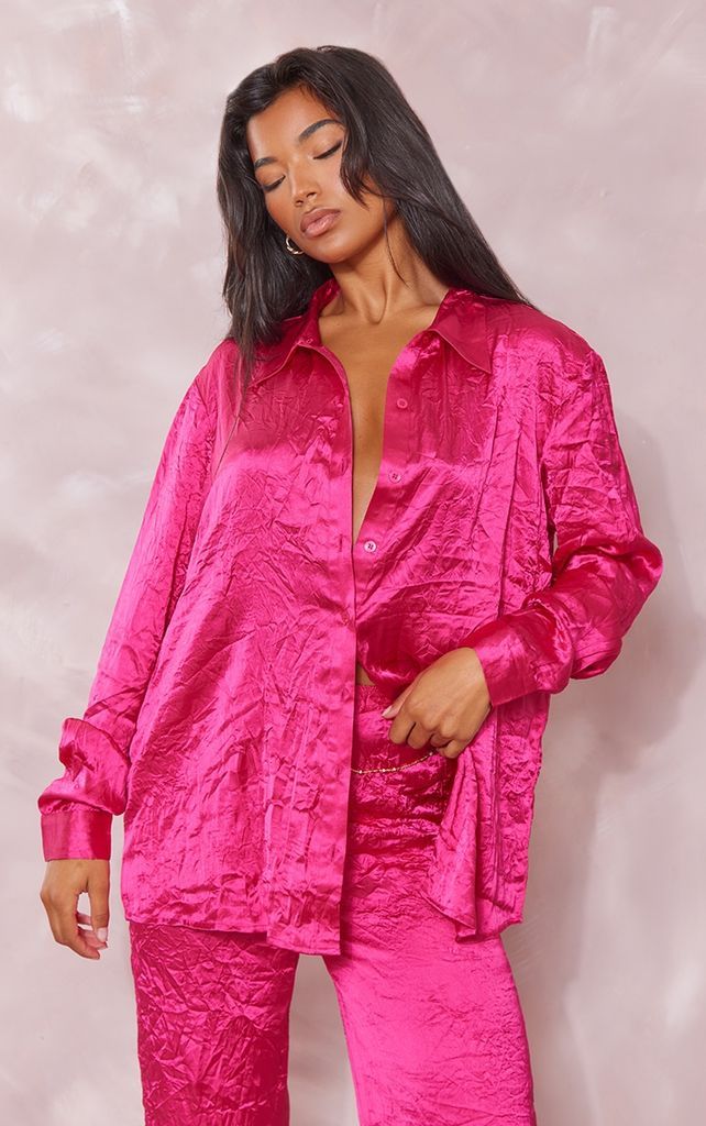 Hot Pink Crinkle Textured Satin Oversized Button Up Shirt, Hot Pink