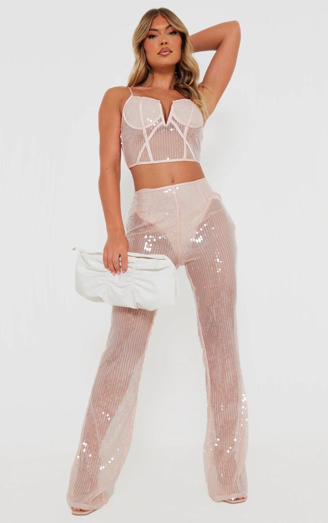 Stone Sheer Sequin Flared Trousers