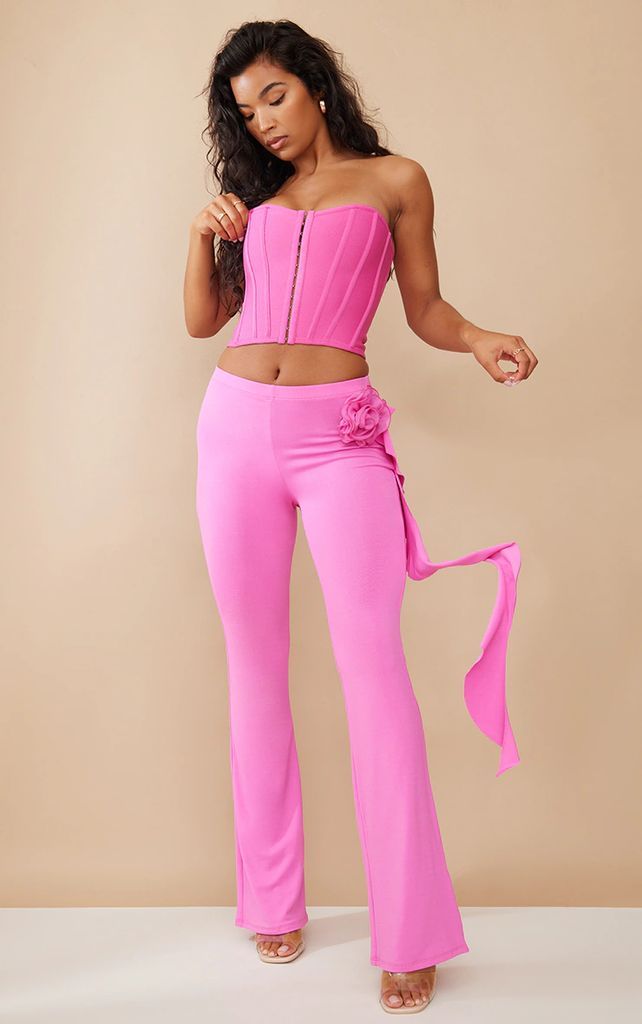 Hot Pink Slinky Rosette Trim Low Rise Skinny Trousers, Hot Pink