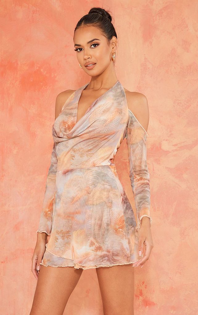 Pale Pink Renaissance Print Cowl Neck Bardot Frill Hem Shift Dress, Pale Pink