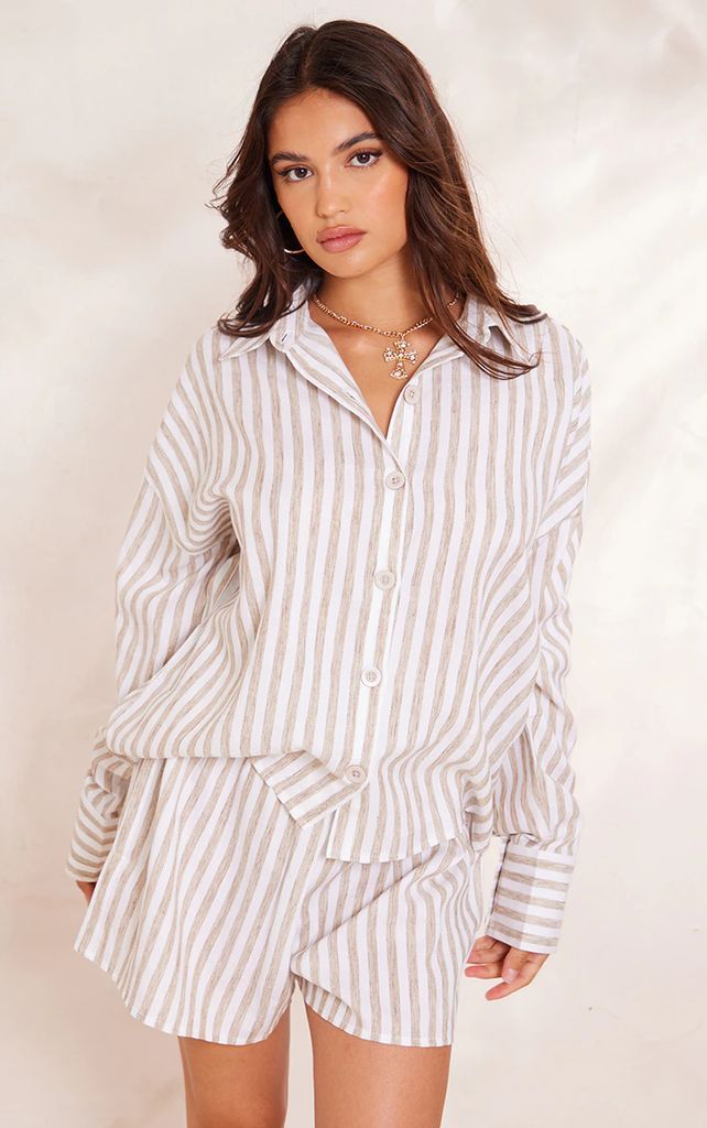 Taupe Stripe Cotton Oversized Button Up Shirt, Grey