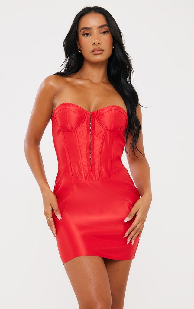 Red Satin Hook & Eye Corset Bandeau Bodycon Dress, Red