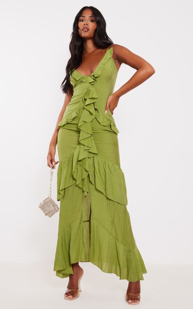 Tall Olive Frill Textured Maxi Dress, Green