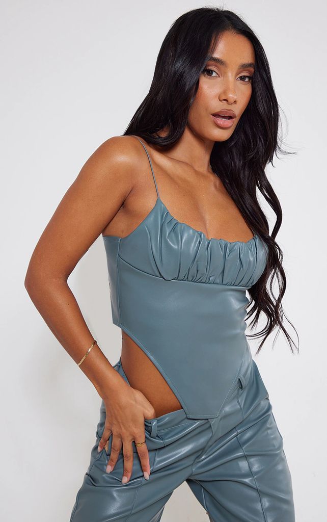 Steel Blue Faux Leather Ruched Bust Curve Hem Top