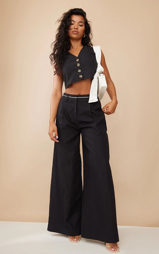 Black Woven Contrast Waistband Tailored Wide Leg Trousers, Black