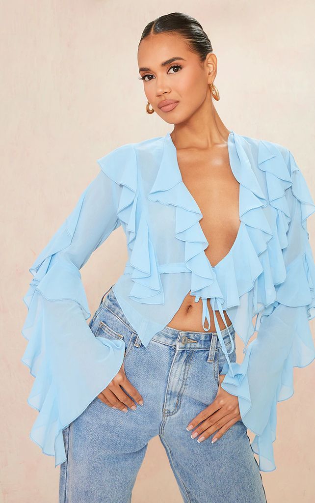 Baby Blue Extreme Frill Tie Front Flare Sleeve Blouse, Blue