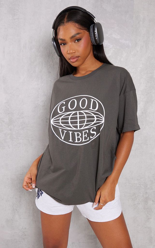 Charcoal Good Vibes Printed T Shirt, Grey