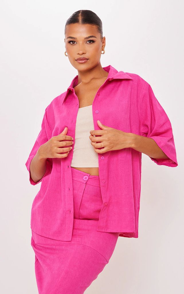 Hot Pink Woven Oversized Boxy Short Sleeve Shirt, Hot Pink