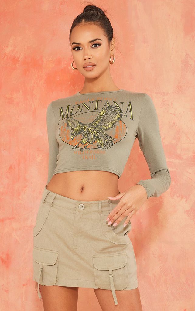 Khaki Montana Printed Long Sleeve Crop T Shirt, Green