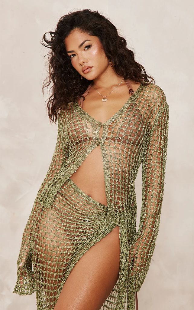 Olive Sequin Knit Beach Shirt, Green