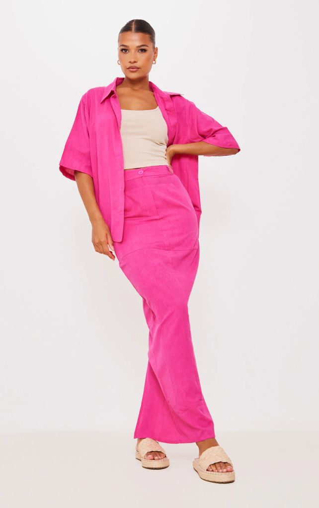 Hot Pink Woven High Waist Split Hem Midi Skirt, Hot Pink