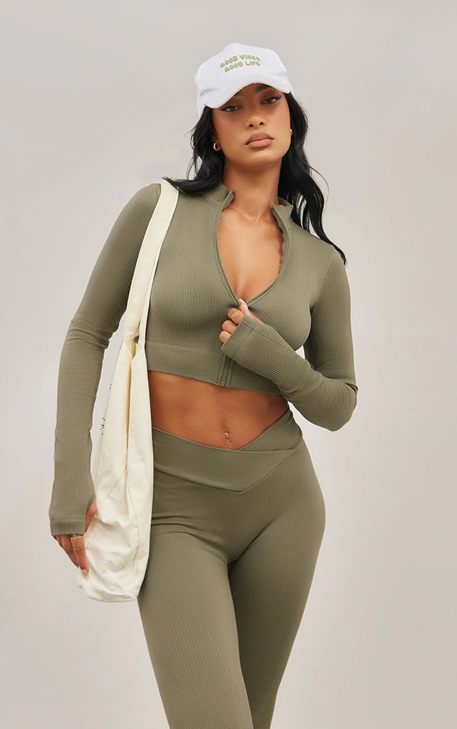 Olive Seamless Seam Detail Cropped Sports Jacket, Green