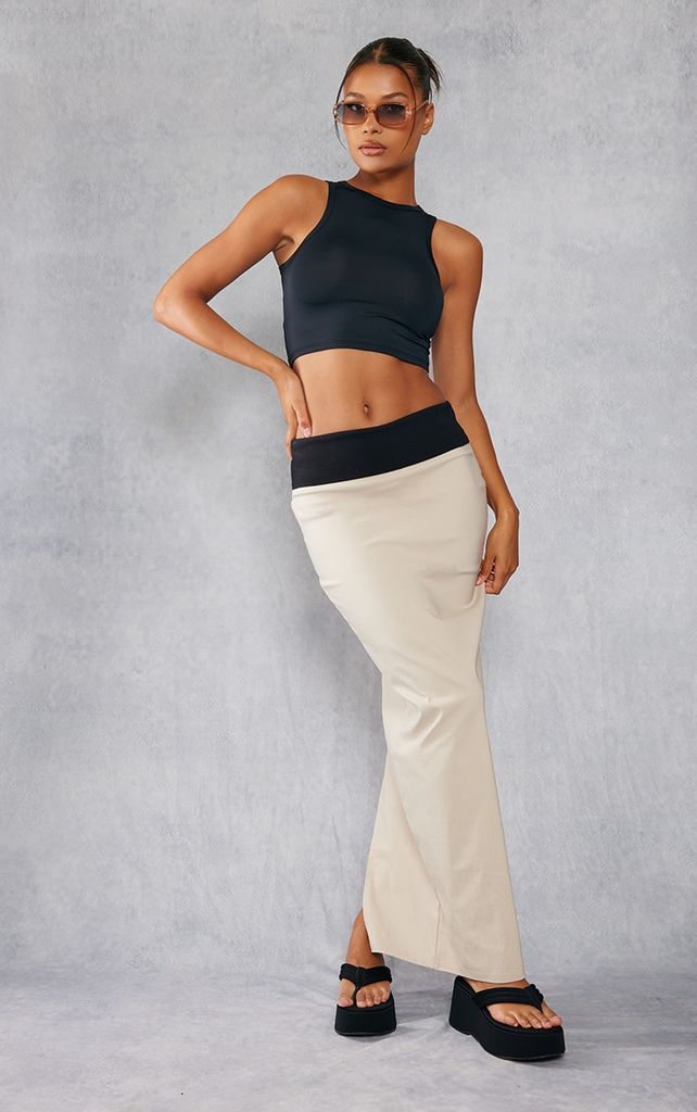 Stone Stretch Woven Foldover Detail Maxi Skirt, White