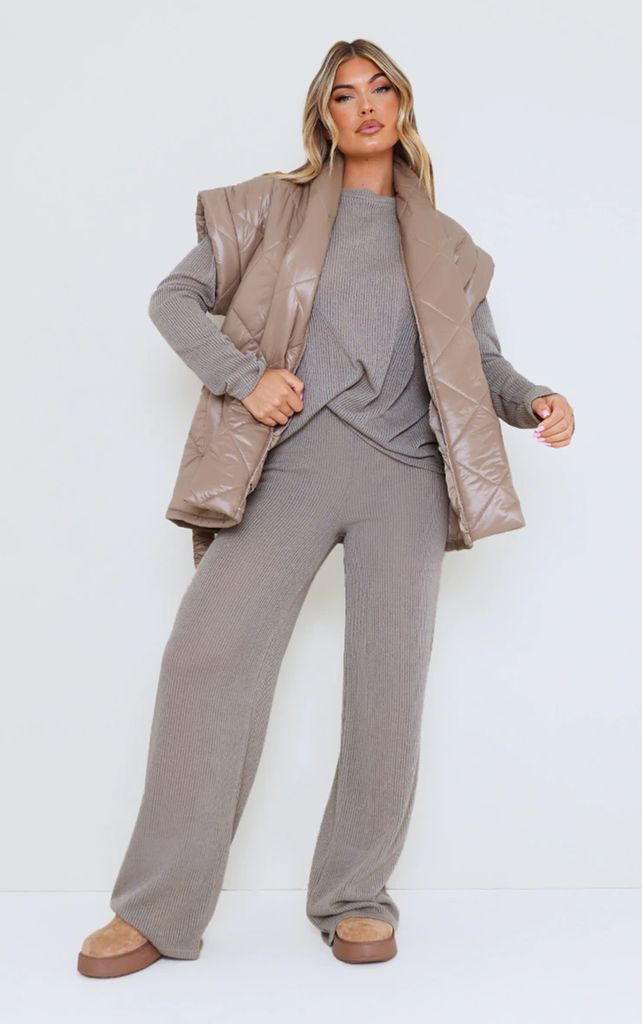 Taupe Sheer Soft Rib Oversized Wide Leg Trousers