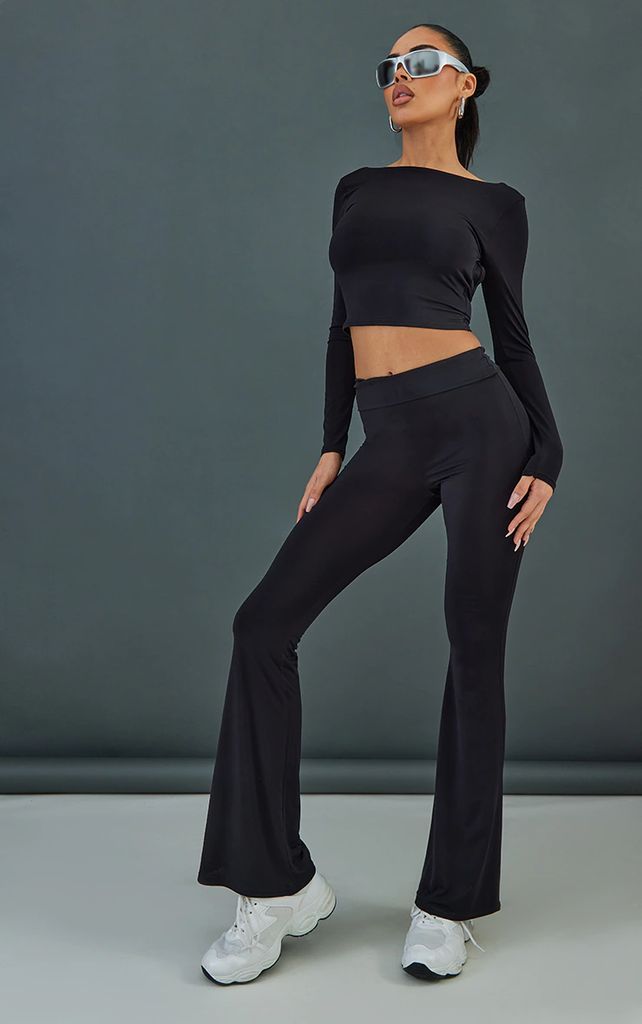 Black Slinky Turnover Waistband Low Rise Skinny Flared Trousers