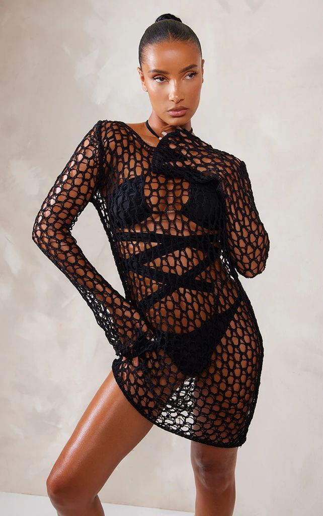 Black Long Sleeve Crochet Floaty Mini Dress, Black