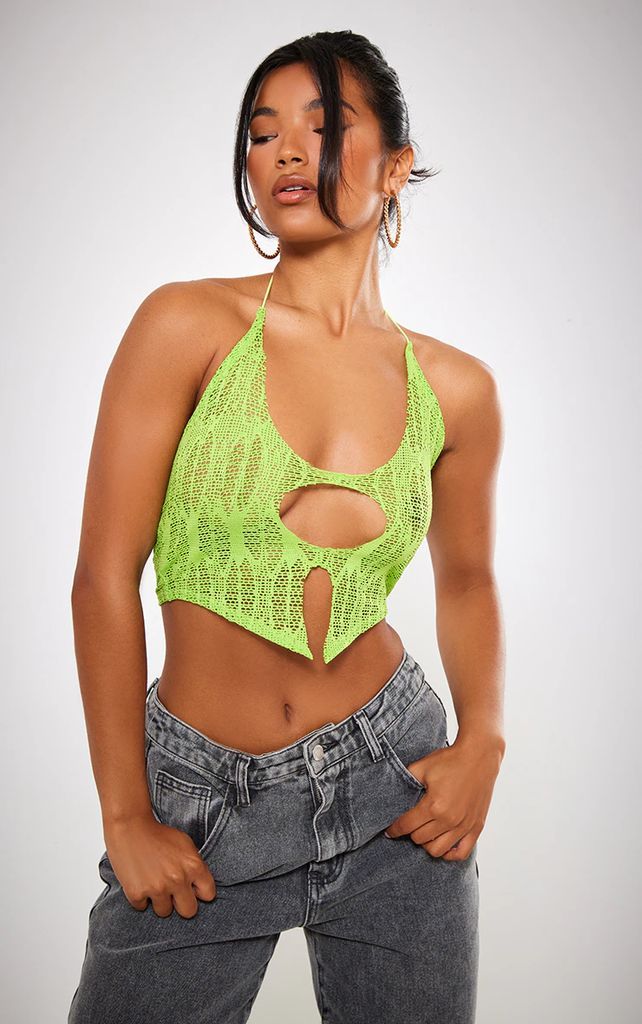 Lime Green Textured Cut Out Spagetti Strap Halter Neck Top, Lime Green