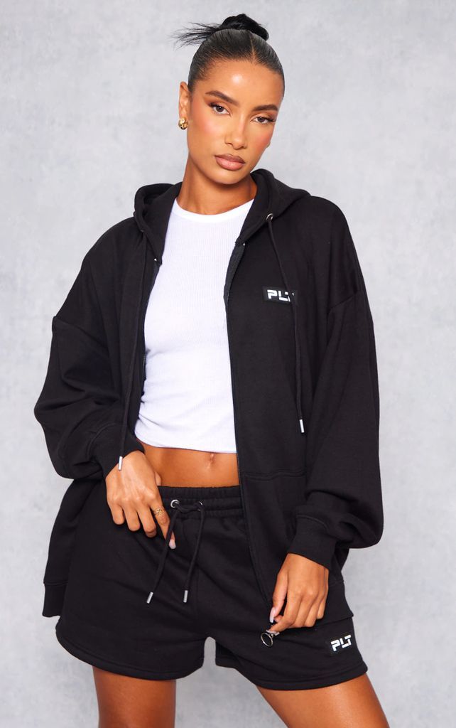 Black Badge Oversized Zip Up Hoodie, Black