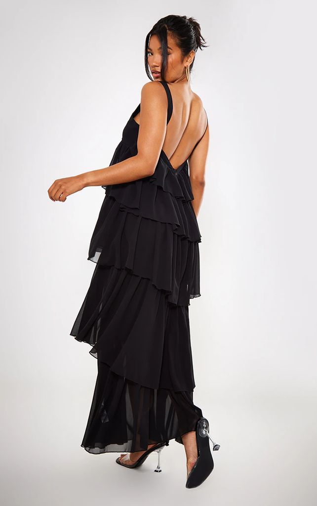 Black Chiffon Tiered Backless Maxi Dress, Black
