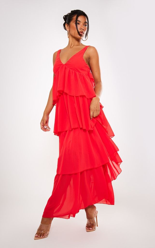 Red Chiffon Tiered Backless Maxi Dress, Red