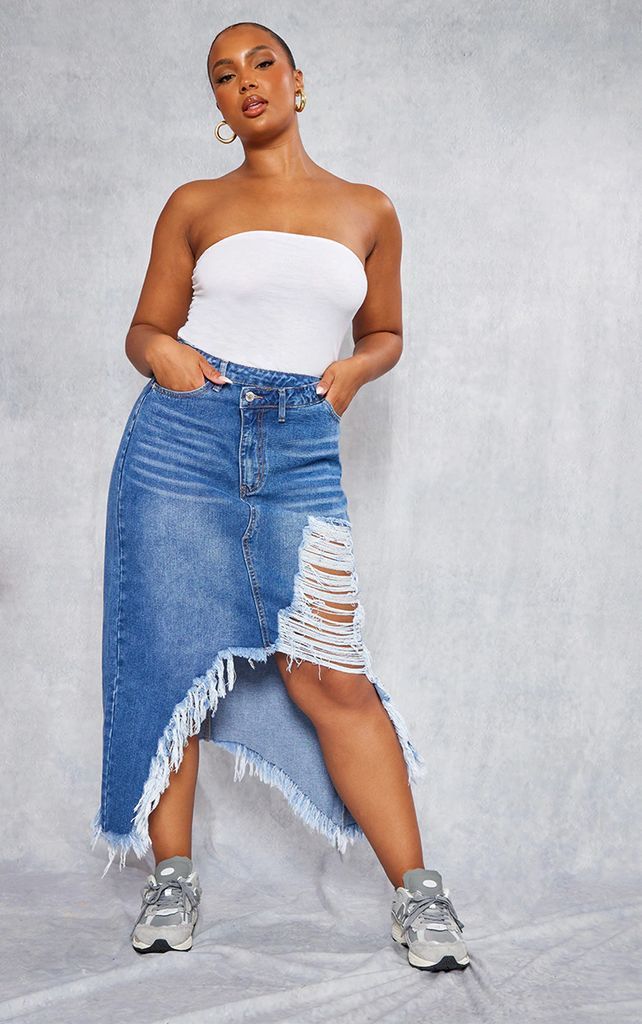 Plus Mid Blue Wash Distressed Detail Denim Midi Skirt, Mid Blue Wash