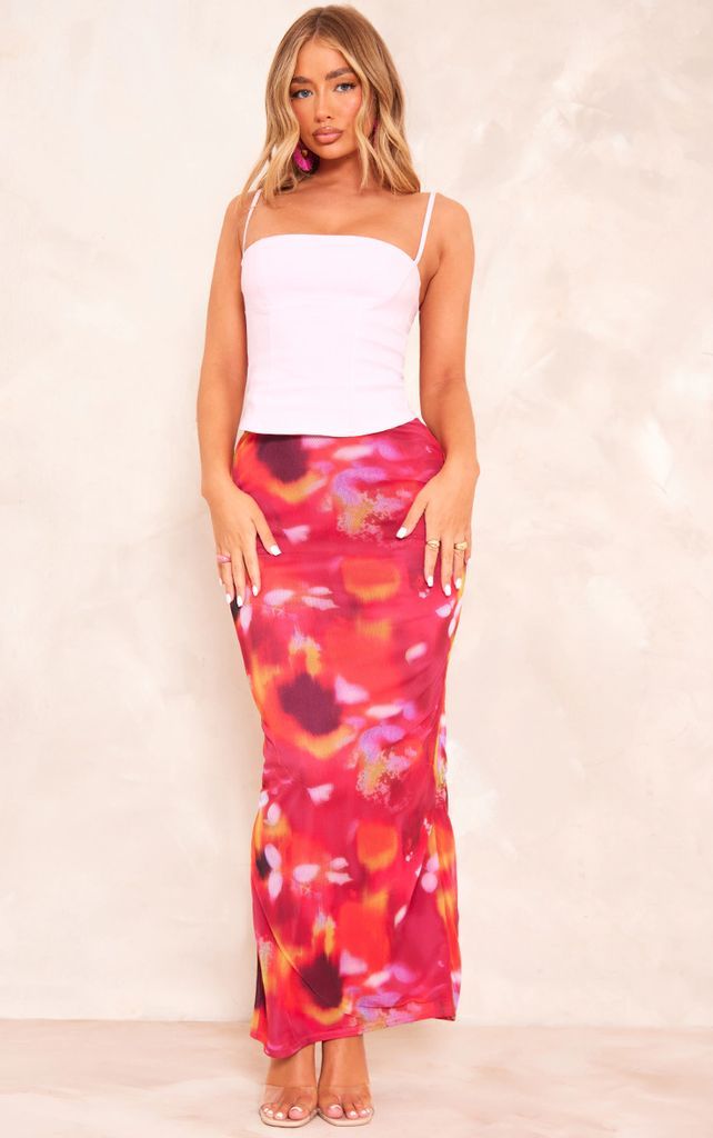 Hot Pink Blurred Floral Printed Lined Mesh Maxi Skirt, Hot Pink