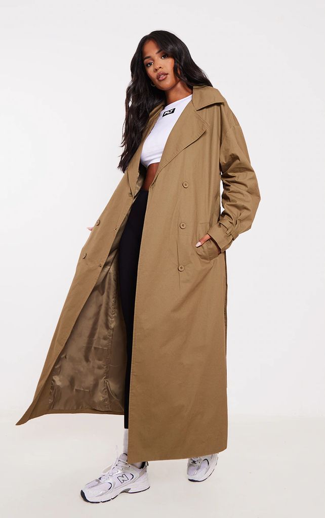 Tall Khaki Belted Cuff Detail Trench Coat, Green