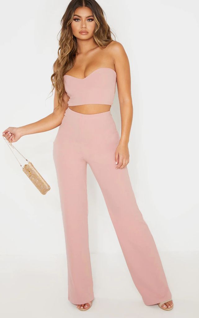 Dusty Pink Crepe High Waisted Wide Leg Trousers