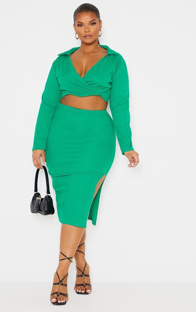 Plus Bright Green Rib Midi Skirt